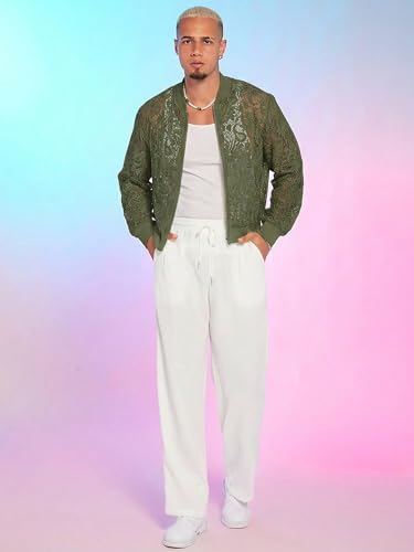 Image of WDIRARA Men's Floral Lace Bomber Jackets Long Sleeve See Through Outerwear | Zip Up Coats, Sexy, Sheer, Party, Concert Outfit