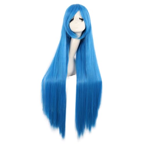Image of MapofBeauty 40 Inch Oblique Bangs Anime Long Straight Wig, Mixed Light Blue