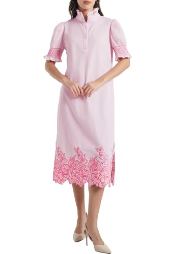 Image of Women's Summer Embroidered Midi Dress 2026 Button Down Short Sleeve Floral Shirt Dress