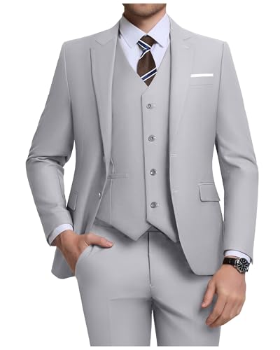 Men's 3 Piece Slim Fit Suit Set, Two Button Blazer Solid Jacket Vest Pants Wedding Business Suit