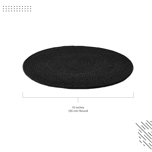 Image of Dining Table Mats Set of 4 | Cotton Table Mat 32 cm Diameter, Encasa XO Washable Round Table Mats, Heat Resistance Dining Table Placemats, Handmade Ribbed Style for Centre Table, Black