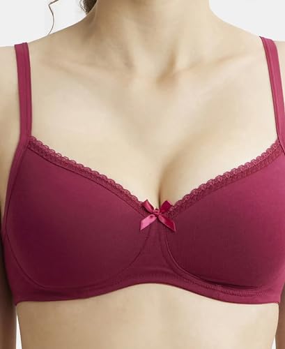 Image of Jockey 1723 Women Wirefree Padded Super Combed Cotton Elastane Stretch Medium Coverage T-Shirt Bra with Lace Styling