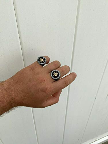 HarlemBling Solid 925 Sterling Silver & 10k Yellow Gold - Mens Compass Ring - Sizes 7-13 Nautical Anchor Ring (11)