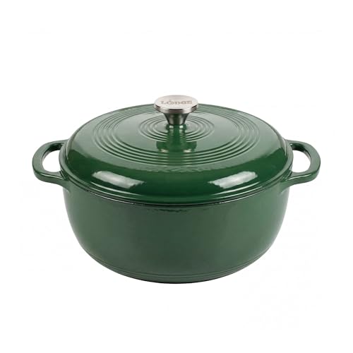 Lodge 6 Quart Enameled Cast Iron Dutch Oven with Lid – Dual Handles – Oven Safe up to 500° F or on Stovetop - Use to Marinate, Cook, Bake, Refrigerate and Serve – Evergreen