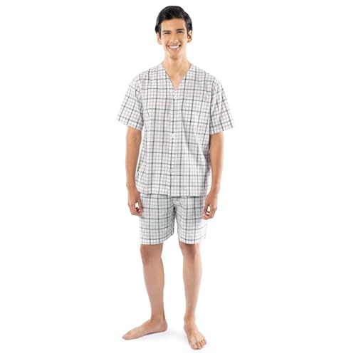 Fruit of the Loom Men's Broadcloth Short Sleeve Pajama Set, Natural/Green Plaid, Small