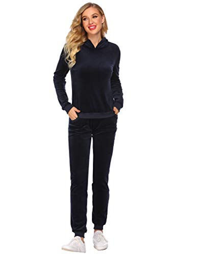 Hotouch Womens Hoodie Sweat Suits and Pants Set Velvet Tracksuit with Pockets Navy Blue L