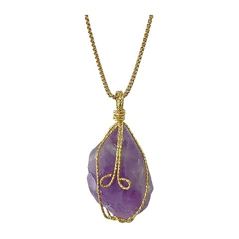 EDEN'S CALL Natural Irregular Raw Crystal Necklace for Women Golden Wire Wrapped Rough Gemstone Pendant with Chain, Dark Amethyst Cover