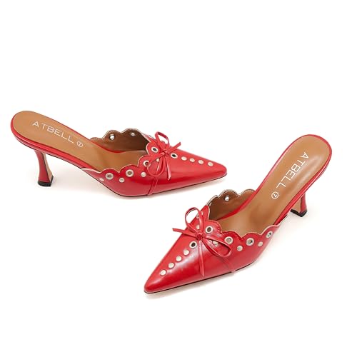 Image of Kitten Heel Mules for Women Bow Tie Suede Stiletto Heels Mule Pointed Toe Studs Slide Heeled Sandal Pumps for Wedding Dress Party