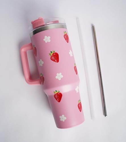 Image of 1200ML Stainless Steel Tumbler Hot and Cold with Handle and Lid and 2 Straws, Double Insulated Cup Leak Proof Mug Cupholder for Gym, Travelling (Pink)