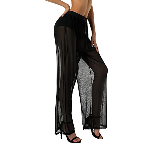 Women Sexy See-Through Mesh Long Pants Swimsuit Bikini Bottoms Cover Up Summer Wide Leg Loose Beach Trousers4