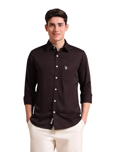 Image of U.S. Polo ASSN. Solid Tailored Fit Shirt for Men - 100% Cotton, Breathable & Comfortable, Full Sleeves Casual Shirt for Men