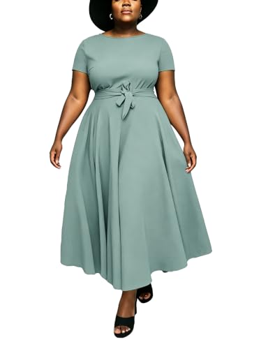 Image of Hostoyo Women Plus Size Formal A Line Maxi Dress Self Tie Waist with Pockets Elegant Round Neck Swing Long Dresses