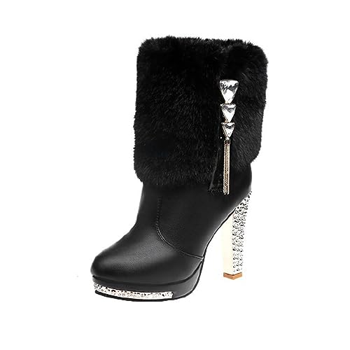 Purubylley Women's Winter Fur Warm Plush Ankle Boots,Fashion Rhinestones Deco Side Zipper Non-slip Warm Closure Chunky High Heel Snow Boots - Main Image