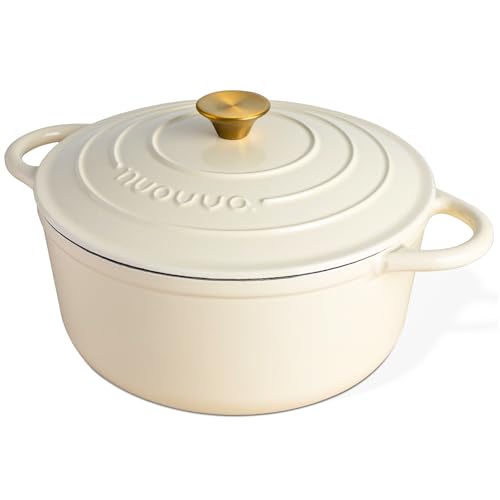 Nuovva Enamelled Cast Iron Dutch Oven Pot with Lid – 6.4 Quart Non Stick Casserole Pot – Heavy Duty & Oven Safe up to 500° F for Bread Baking, Braising, Stews, Roasting – 28cm Cream  