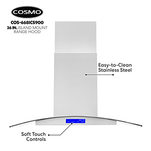 Cosmo COS-ICS900 668Ics900 36 Inch Island Range Hood With 380 Cfm, 3 Speeds, Ducted, Permanent Filters, Soft Touch Controls, Led Lights, Curved Glass Hood In Stainless Steel thumb #6