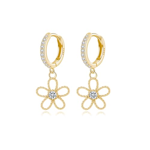 Reffeer Solid 925 Sterling Silver CZ Flower Hoop Earrings Drops for Women Teens Flower Hoop Earrings Huggie