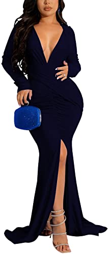 Image of Women's Elegant Formal Mermaid Maxi Dress Off Shoulder Long Sleeve Wedding Split Evening Gown Prom Cocktail Party Dresses