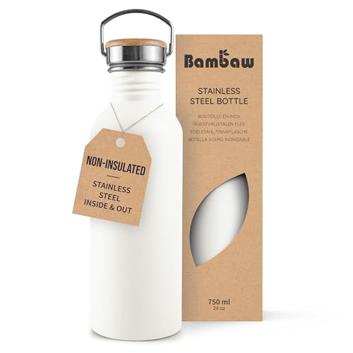 Image of Bambaw 24 oz Water Bottle Metal, White Non-insulated Single Wall Stainless Steel Water Bottle, Reusable Metal Water Bottle no Straw - Polar White