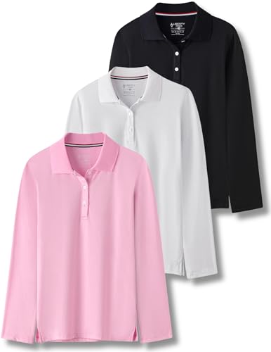 Image of Liberty Pro 3 Pack Youth Girls Long Sleeve Golf Polo Shirts | Collared Shirts, 3-Button Placket, Moisture Wicking Tops for Kids, Teens, School Uniform, Golf, Tennis