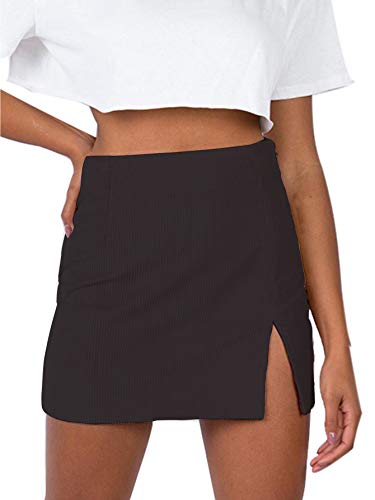 LYANER Women s Solid Split Hem Corduroy High Waist Mini Bodycon Skirt Black Small