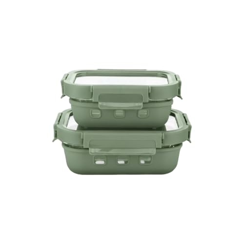 Image of Griplok Glass Lunch Box with Leakproof Lid, Borosilicate Food Storage Container with Silicone Sleeve, Airtight, Microwave /Dishwasher Safe (Forest Green, 1x370ml + 1x640ml)