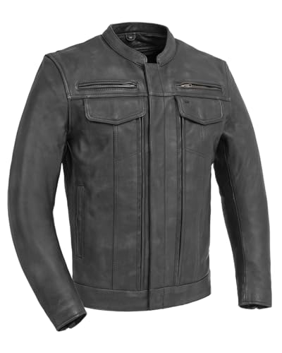 First Mfg Co - Raider - Mens Motorcycle Biker Riding Black Leather Jacket Action Back Armor Pockets Gussets Sun glasses slit Vented (Black - 2X Large)
