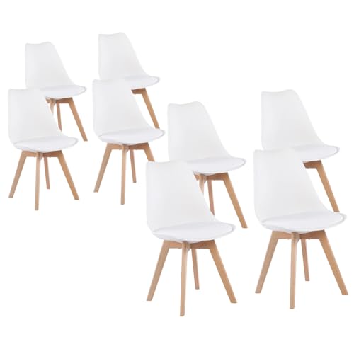 8 Chaises Tulipes Salle à Manger Scandinaves BM Home Salle de Bureau, Pieds en Bois de Hêtre Massif, Blanches