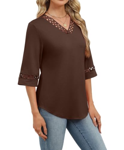 Image of WIHOLL Womens Tops Eyelet Lace V Neck 3 /4 Bell Sleeve Blouses Dressy Casual Work Shirt 2026 Summer Fall Fashion Clothing