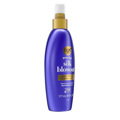 Image of OGX Protecting + Silk Blowout Quick Drying Thermal Protection Spray, Heat Protectant Spray Shields Hair up to 450F For Soft, Shiny Hair and Big, Beautiful Blowouts, Light Hold, 6 fl. oz