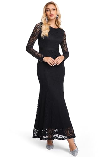 Image of LRISES Womens Floral Lace Backless V-Back Dress Long Sleeves Bridesmaid Formal Evening Wedding Party Maxi Dresses Black