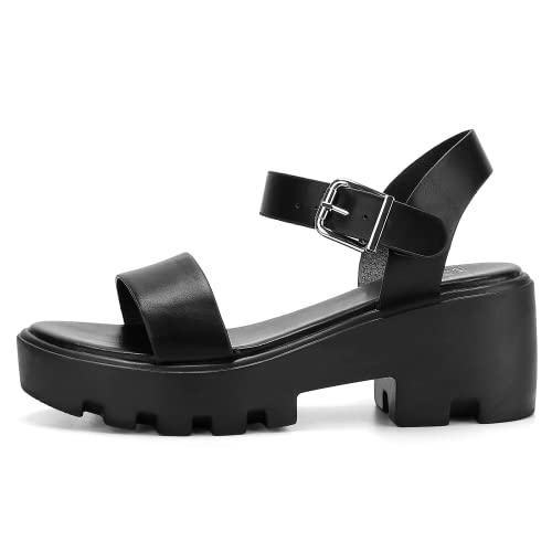 Keiiyj Chunky Platform Sandals For Women Lug Sole Casual Double Band Block Heel Wedge With Buckle Open Toe Ankle Strap Summer (Melon2-Black-10) #TOP2