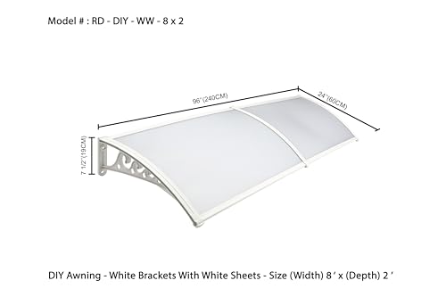 Image of CHENNAI Window Blinds and Shades DIY Polycarbonate Awning (Engineered Plastic Brackets) Window Sunshade Door Weather Shed Rain Canopy Awnings - 8'Widthx2'Depth (White Brackets & White Sheets)