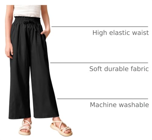 Image of Girls Summer Floral Wide Leg Pants High Waisted Flowy Dress Trousers with Pockets for School Lounge Beach 5-14 Years