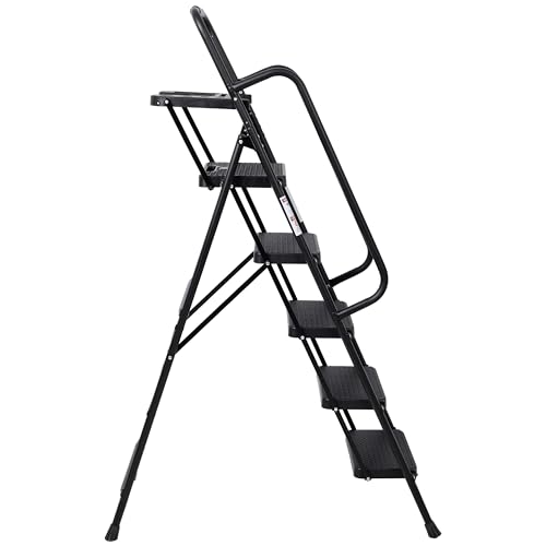 Image of Step Ladder 5 Step Folding, Sturdy Ladder for Home, Lightweight Steps Stool with Top Tool Slot, Portable Steel Ladders with Anti-Slip Pedal and Convenient Handrail, 330 LBS Load Capacity, Black