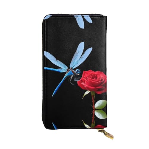 Dragonfly kisses rose printing Women's leather long handheld wallet large capacity credit card zipper bag
