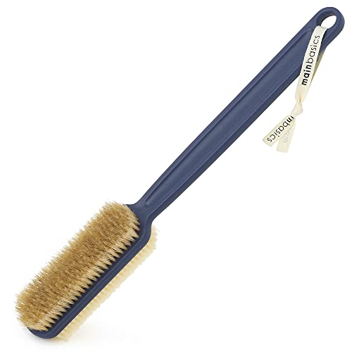 MainBasics Shower Brush Back Scrubber - Dual-Sided Bath Body Brush - Long Handle Body Scrub Brush with Soft and Stiff Bristles for Dry & Wet Brushing (Navy Blue)