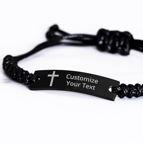 Personalized Christian Bible Verses Black Rope Bracelet Inspirational Scripture ID Cross Religious Quote Faith God Engraved Adjustable Customized Gifts for Men Women Kiss Him Husband Father Bois3
