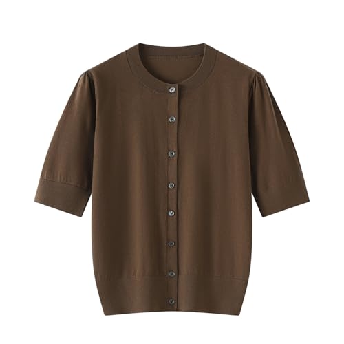 Women's Silk Cashmere Blend Crew Neck Short Sleeve Cardigan Sweaters Button Down Lightweight Knitwear Summer Tops