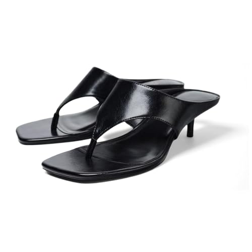 Women's Leather Stiletto Heeled Thong Sandals Fashion Comfortable Square Open Toe Slip On High Heels Flip Flops for Summer Party Dating Dress Clip Toe Slides