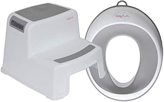 Babycurls Toilet Training Kids Non Slip Up Double Step Stool 26.5cm + Toilet Training Seat Combo Unisex White/Grey for Safe Toddler Loo Potty Training in The Bathroom and Home