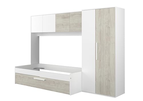 Mobelcenter, Cama Nido Puente con Armario Artik Reversible, Color Blanco y Cascina, 90x200 cm, Espacio de almacenaje, Medidas: Ancho: 298,4 cm. x Fondo: 96,5 cm. x Alto: 203,3 cm. (1600)