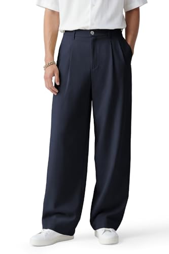Heyfanee Mens Casual Dress Pants Baggy Pleated Chino Pants for Men Relaxed Fit Golf Pants Dark Blue 34