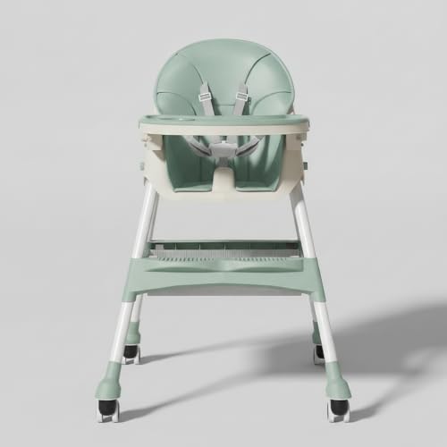 Image of Mealtime Plus Baby High Chair for Feeding, Adjustable Height, Double Food Tray, Seat Cushion, Storage Bag & Lockable Wheels, Foldable Feeding Chair for Babies & Toddlers, Teal