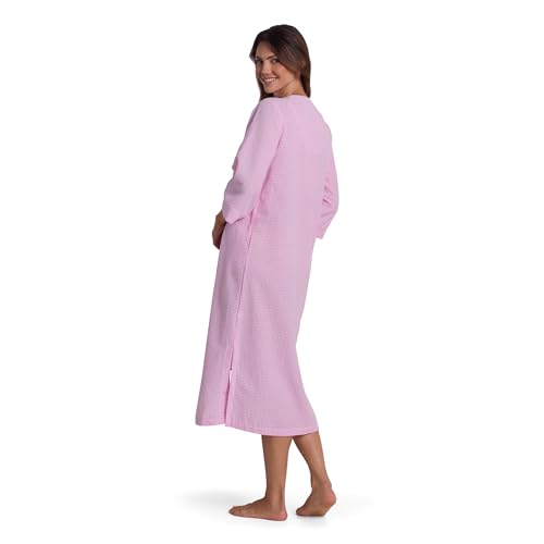 Image of Miss Elaine Long Seersucker Women's Robe, Pockets and Zipper with Front Embroidered Trim, Sleepwear & Loungewear