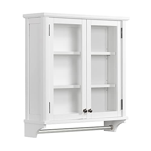Dorset 27 in. W x 29 in. H Wall Mounted Bathroom Storage Cabinet with Organizing Shelves, Mirror, Towel Rod, and Tempered Glass Doors -Generous Space for Toiletries, Towels, and Supplies-White Finish