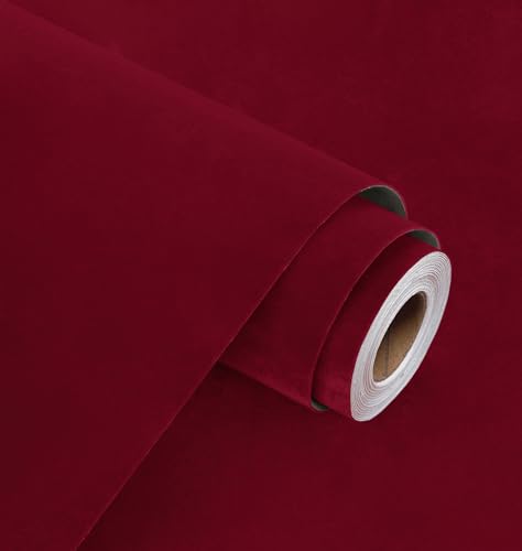 WESTICK Vintage Burgundy Red Velvet Fabric Wallpaper Self Adhesive Matte Felt Drawer Liners Peel and Stick Soft Red Flocking Velvet Contact Paper for Jewelry Gift DIY Art Crafts Cabinets 17.7" x 120" by WESTICK - Used condition - US$15.72