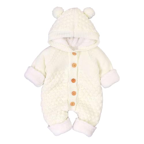 ベビー服 新生児 秋冬 ロンパース フード付き 無地 ニット カバーオール 男の子 女の子 長袖 ボタン 前開き ジャンプスーツ セーター 可愛い 赤ちゃん 着ぐるみ 着替え便利 ボディオール 人気 撮影 出産祝い 子供服(A-ホワイト,66)