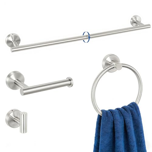 HOMOTEK 4 Pieces Bathroom Accessories Hardware Set 24 inch Towel Bar Towel Ring Robe Hook Toilet Paper Holder Stainless Steel Rack Kit Wall Mounted Brushed Stainless Steel