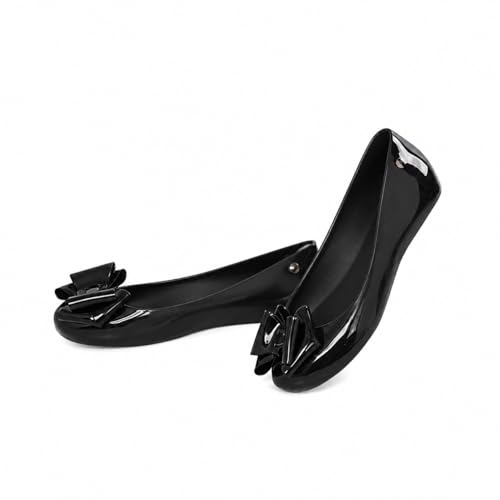 Image of Womens Black Jelly Flat Shoes With Bow - Ladies Comfy Slip-On Casual Wear Every-Day Jelly Ballet Shoes Ballerina Pumps 2-8 UK (Black Patent, UK Footwear Size System, Adult, Women, Numeric, Medium, 3)