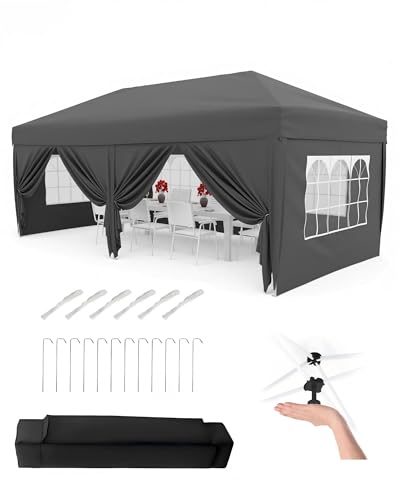 Heavy Duty 3x6m Pop Up Canopy Waterproof Marquee Canopy Tent 6 Removable Sidewalls 3 Adjustable Heights Portable Roller Bag 4 Weight Bags 8 Stakes 6 Guy Ropes For Garden Camping Grey